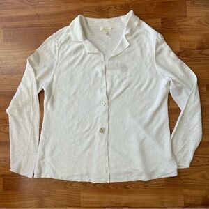 Classic Eileen Fisher Linen Knit L Shirt with Shell Buttons, Long Sleeves, FLAW